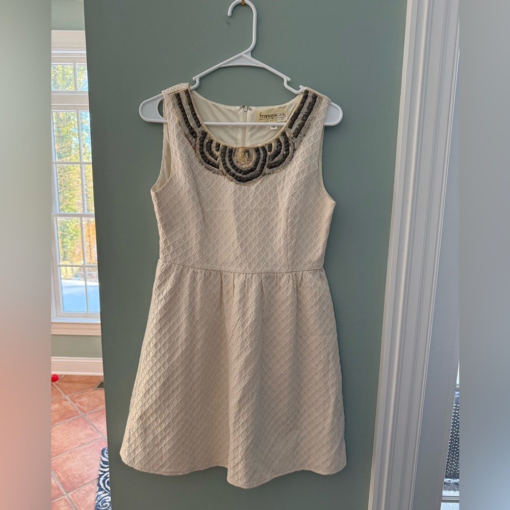 Francesca's Collections Textured Cream Dress with Embellished Neckline